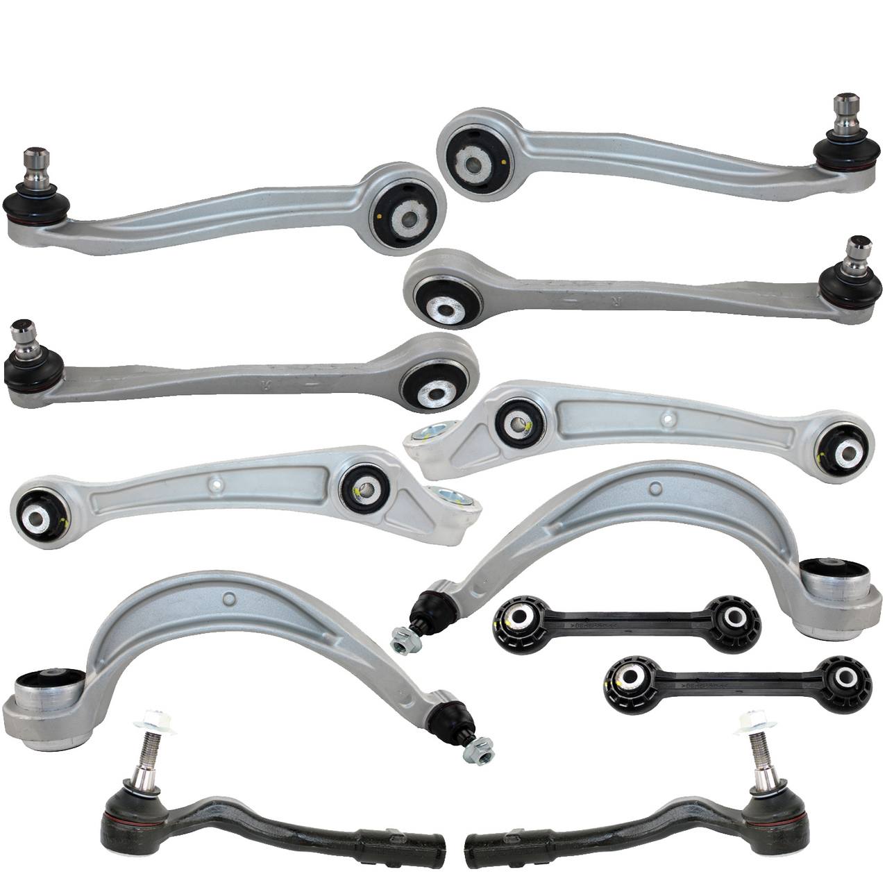 Audi Suspension Control Arm Kit – Front (Upper and Lower Control Arms) (Forward and Rearward) (Outer Steering Tie Rod End) (Plastic Stabilizer Sway Bar Link)