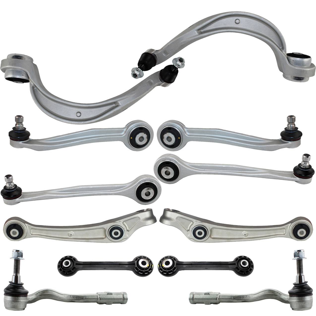 Audi Suspension Control Arm Kit – Front (Upper and Lower Control Arms) (Forward and Rearward) (Outer Steering Tie Rod End) (Plastic Stabilizer Sway Bar Links)