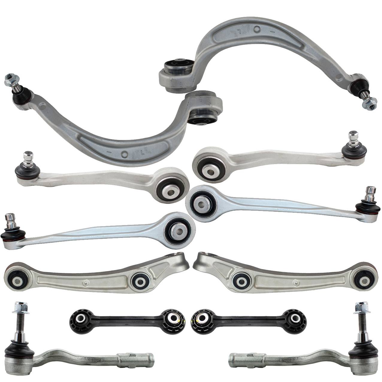 Audi Suspension Control Arm Kit – Front (Upper and Lower Control Arms) (Forward and Rearward) (Outer Steering Tie Rod End) (Plastic Stabilizer Sway Bar Links)