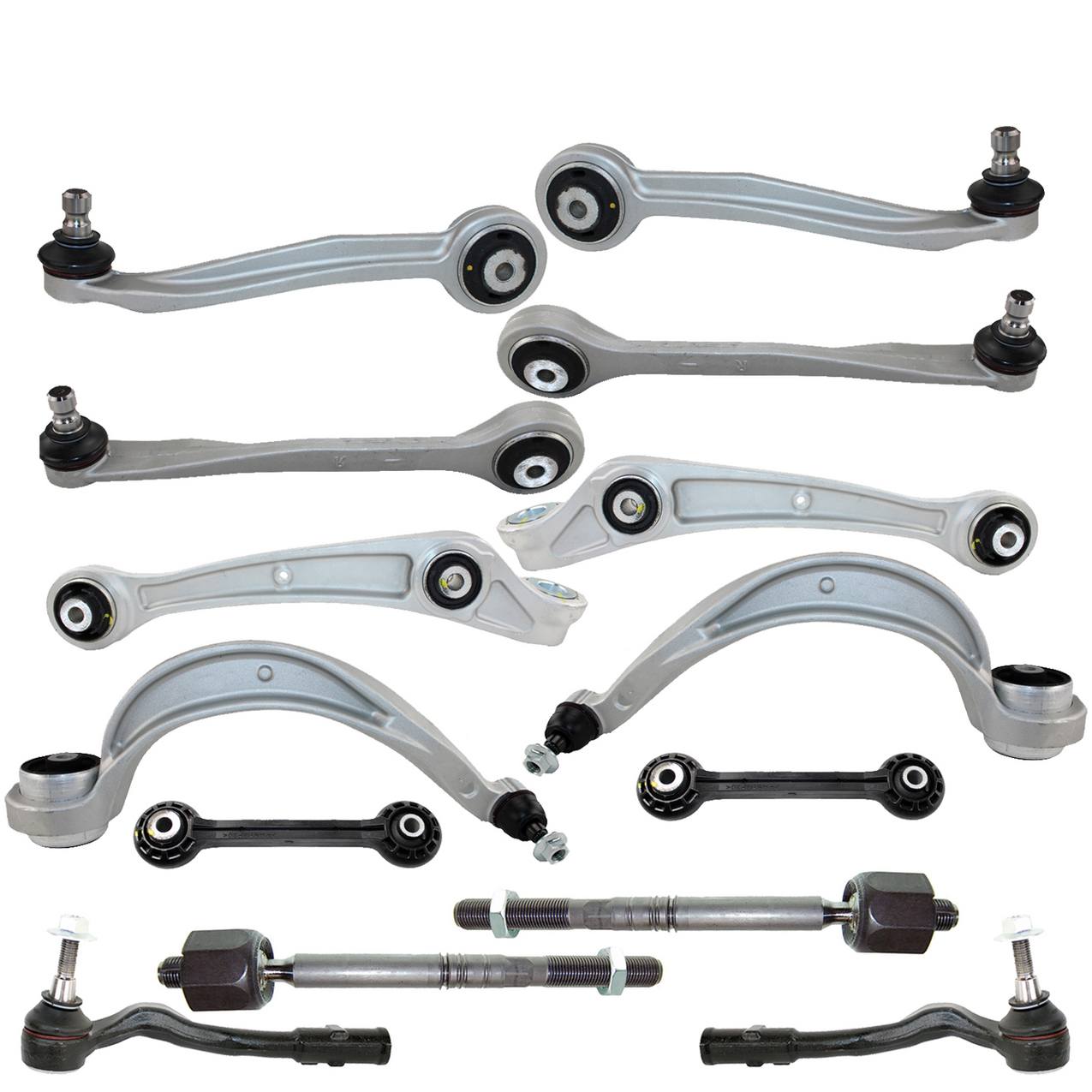 Audi Suspension Control Arm Kit – Front (Upper and Lower Control Arms) (Forward and Rearward) (Inner and Outer Steering Tie Rod End) (Plastic Stabilizer Sway Bar Link)