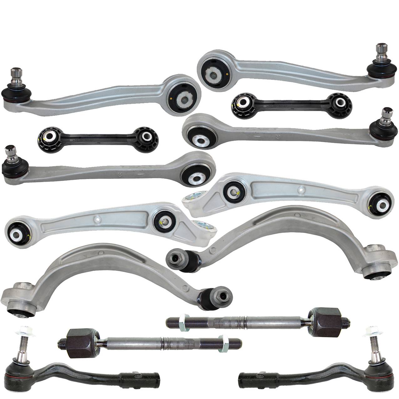 Audi Suspension Control Arm Kit – Front (Upper and Lower Control Arms) (Forward and Rearward) (Inner and Outer Steering Tie Rod End) (Plastic Stabilizer Sway Bar Links)