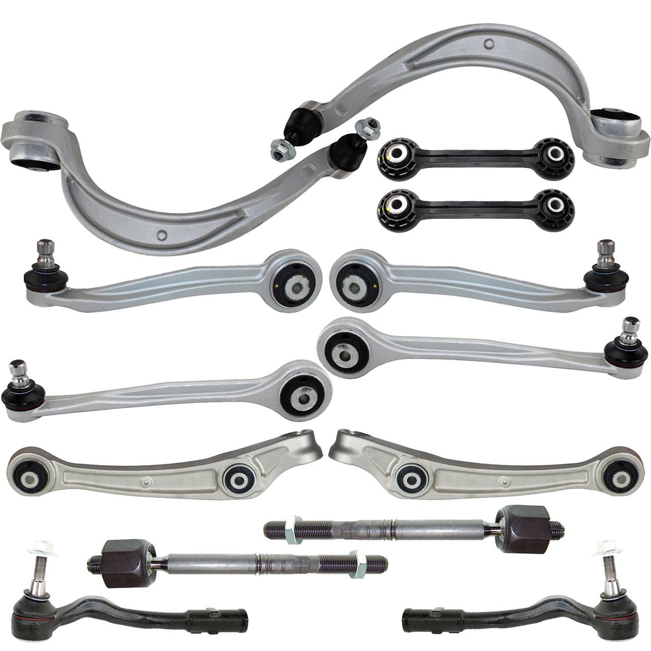 Audi Suspension Control Arm Kit – Front (Upper and Lower Control Arms) (Forward and Rearward) (Inner and Outer Steering Tie Rod End) (Plastic Stabilizer Sway Bar Links)