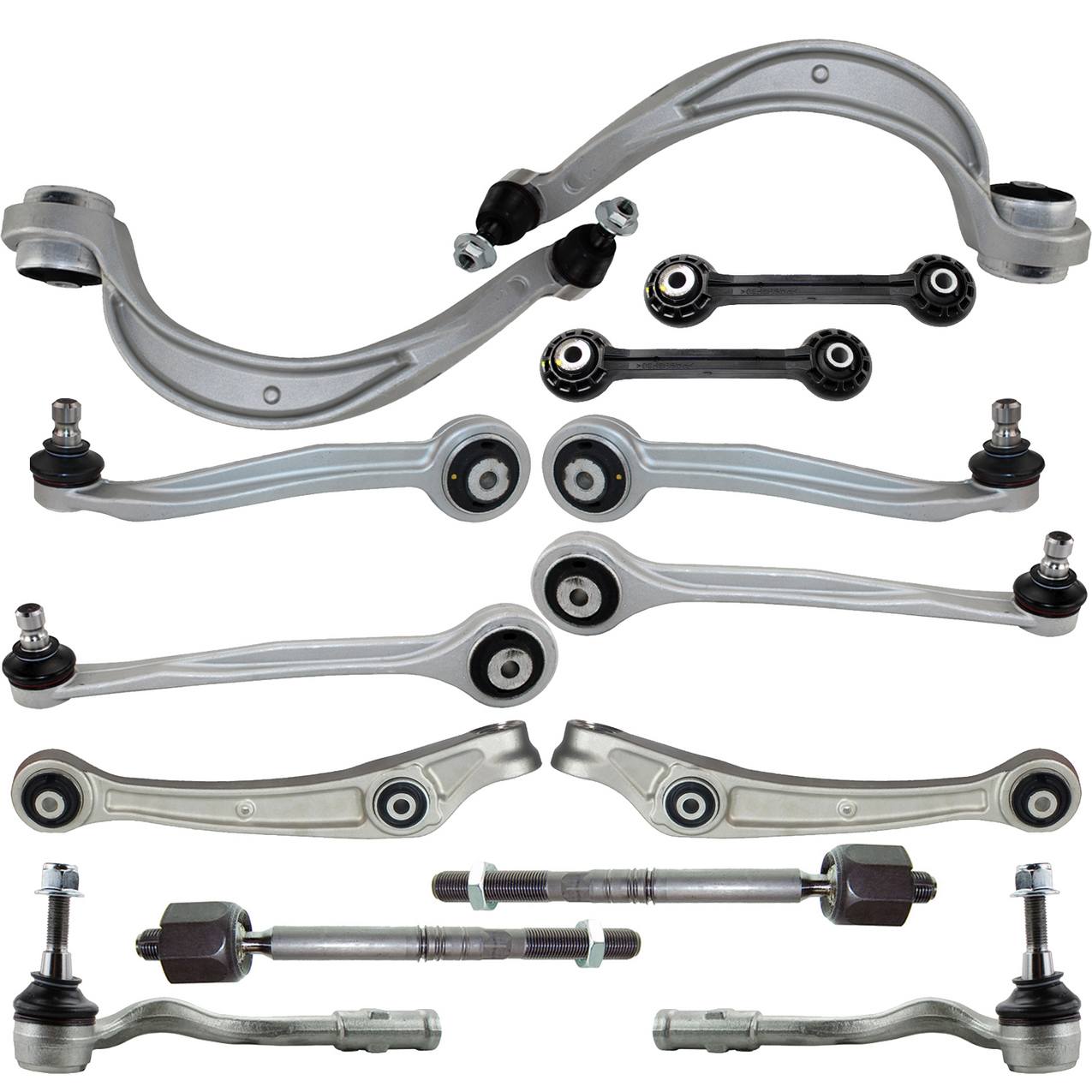 Audi Suspension Control Arm Kit – Front (Upper and Lower Control Arms) (Forward and Rearward) (Inner and Outer Steering Tie Rod End) (Plastic Stabilizer Sway Bar Links)