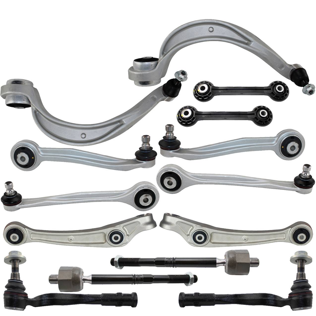 Audi Suspension Control Arm Kit – Front (Upper and Lower Control Arms) (Forward and Rearward) (Inner and Outer Steering Tie Rod End) (Plastic Stabilizer Sway Bar Links)