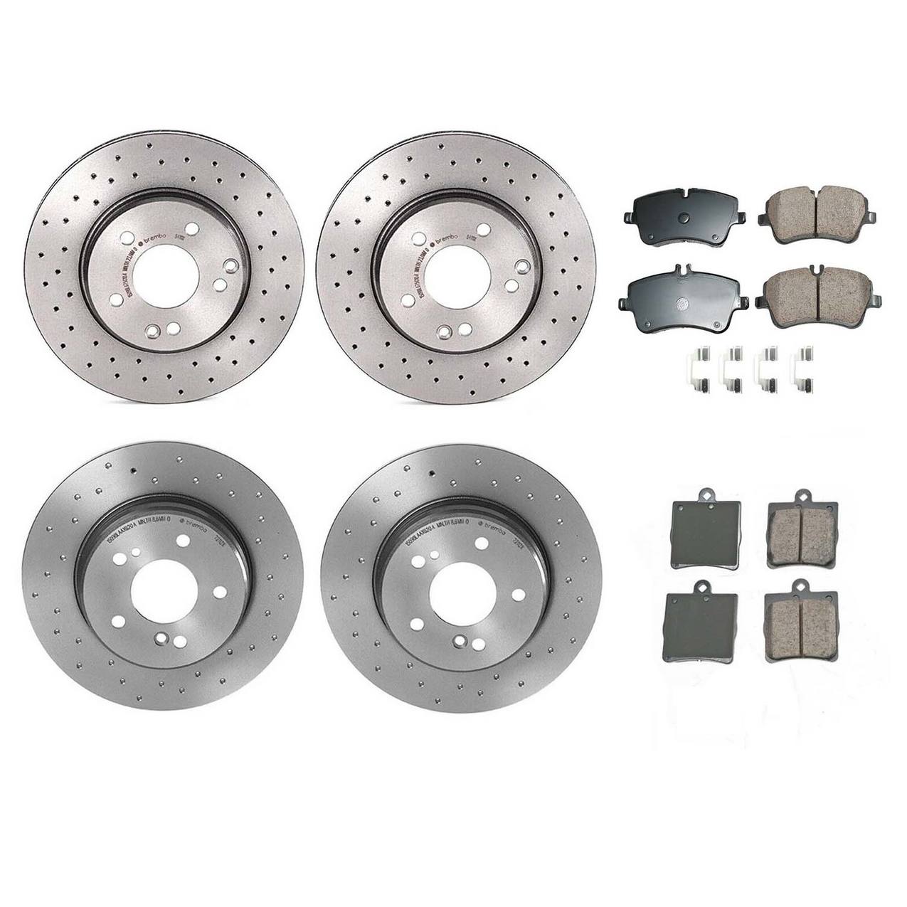 Mercedes-Benz Disc Brake Pad and Rotor Kit – Front and Rear (Xtra) (Cross-Drilled) (300mm) (290mm) (Ceramic) (EURO) 2034210312