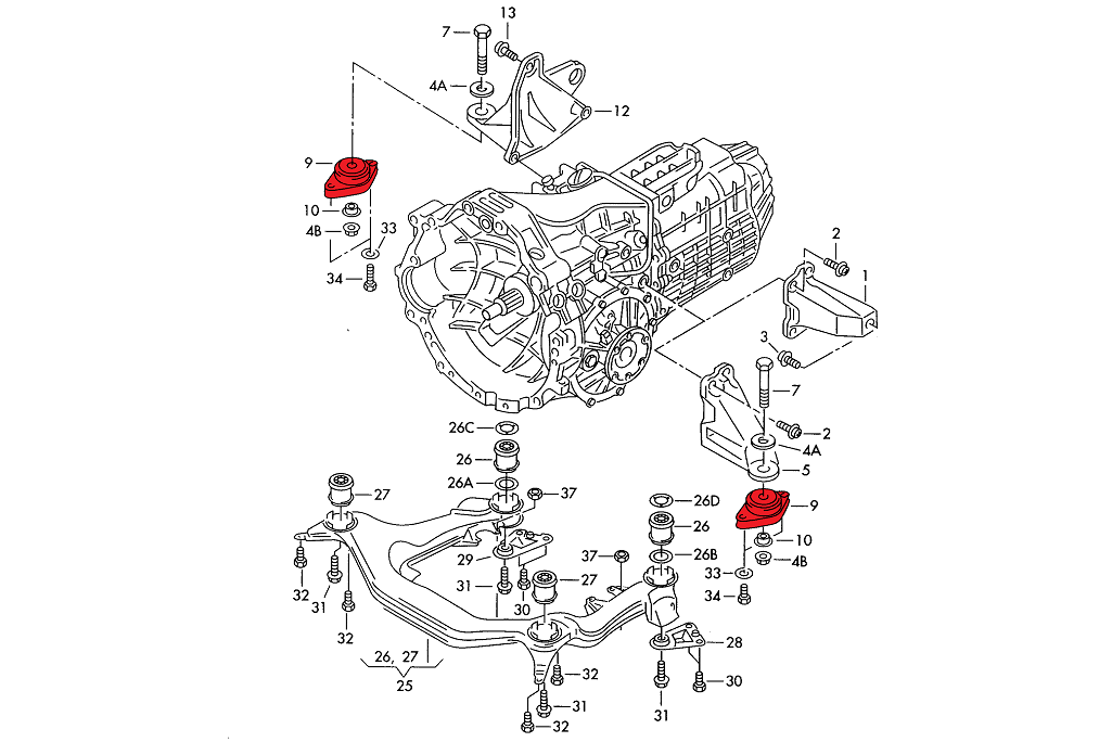 Gearbox mounts for Audi B5 S4 / RS4 (Track Hardness)