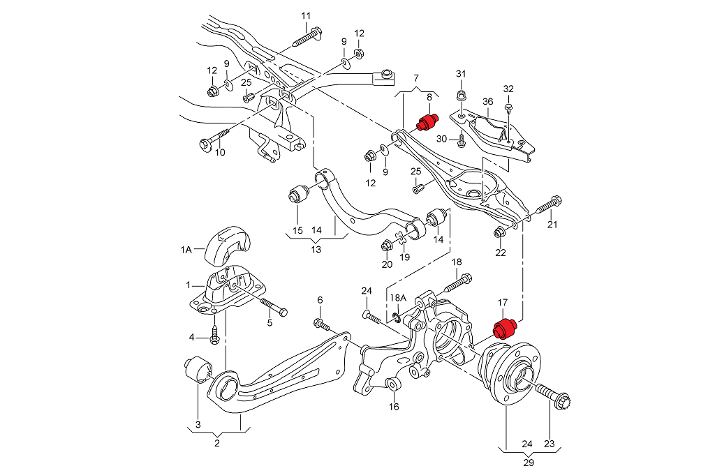 Rear spring sitting wishbone and wheel bearing housing inserts FWD PQ35 Audi TT 8J A3 8P Golf Mk5 Mk6 Scirocco