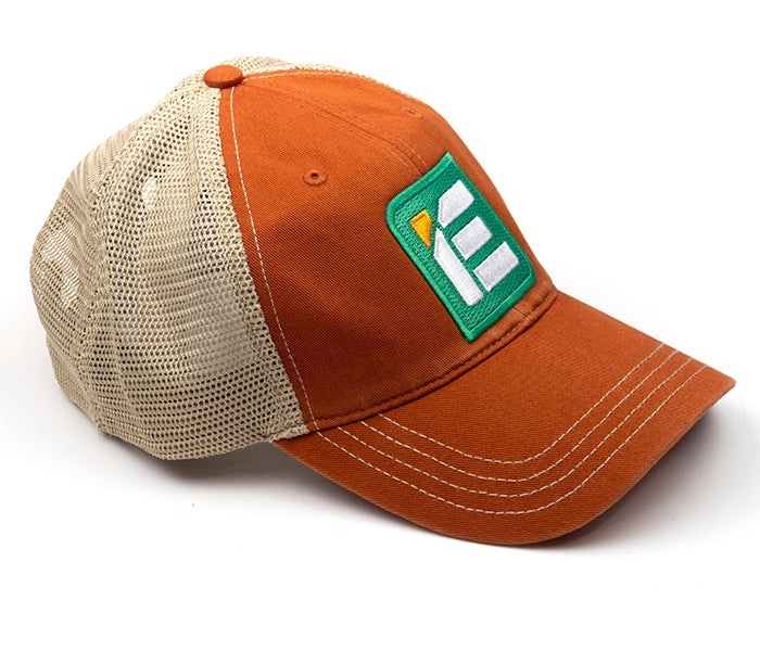 IE Twill Snapback Trucker Hat | Orange & Kahaki