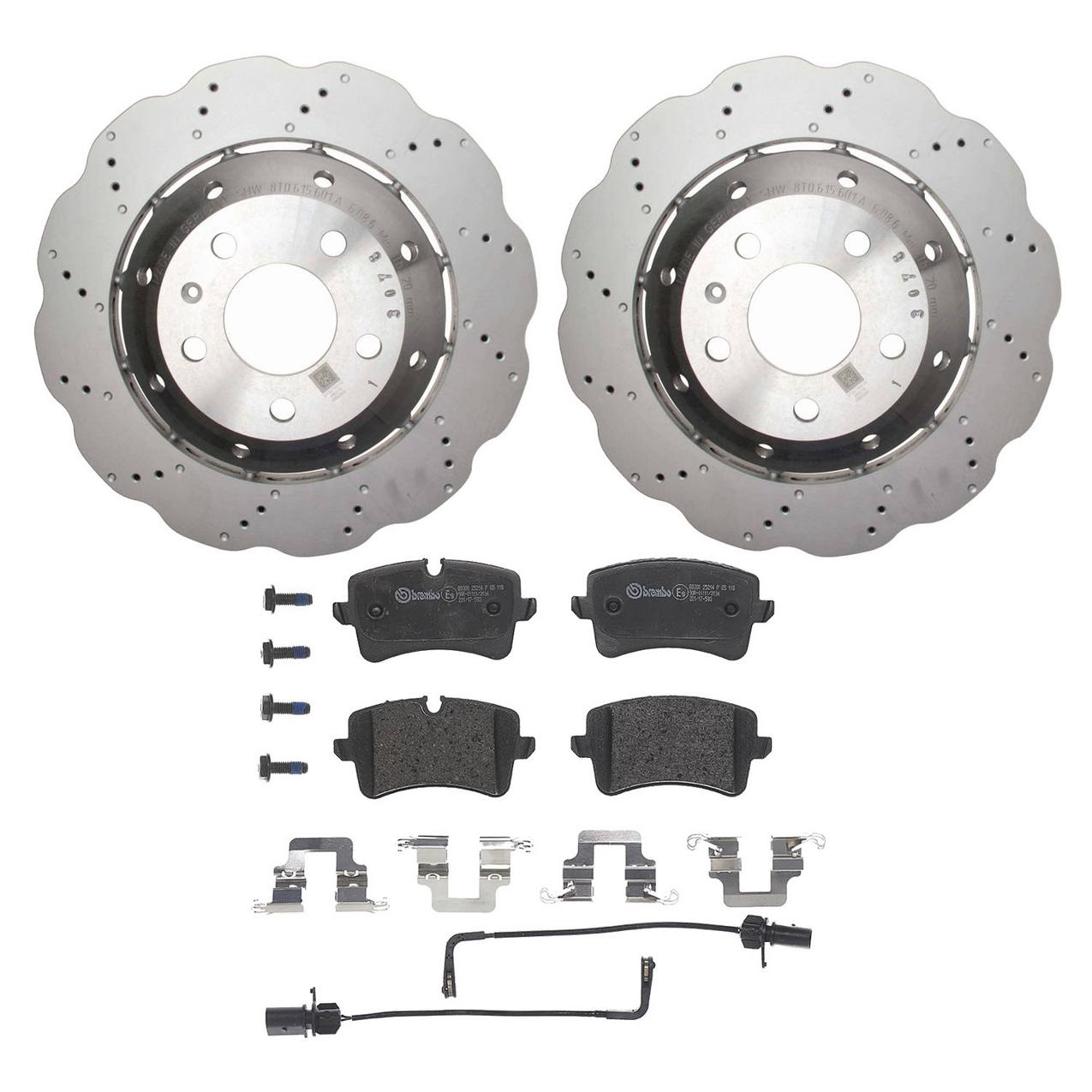 Audi Disc Brake Pad and Rotor Kit – Front (330mm) (Drilled-Composite-Wavy) (Low-Met) 8T0615601A