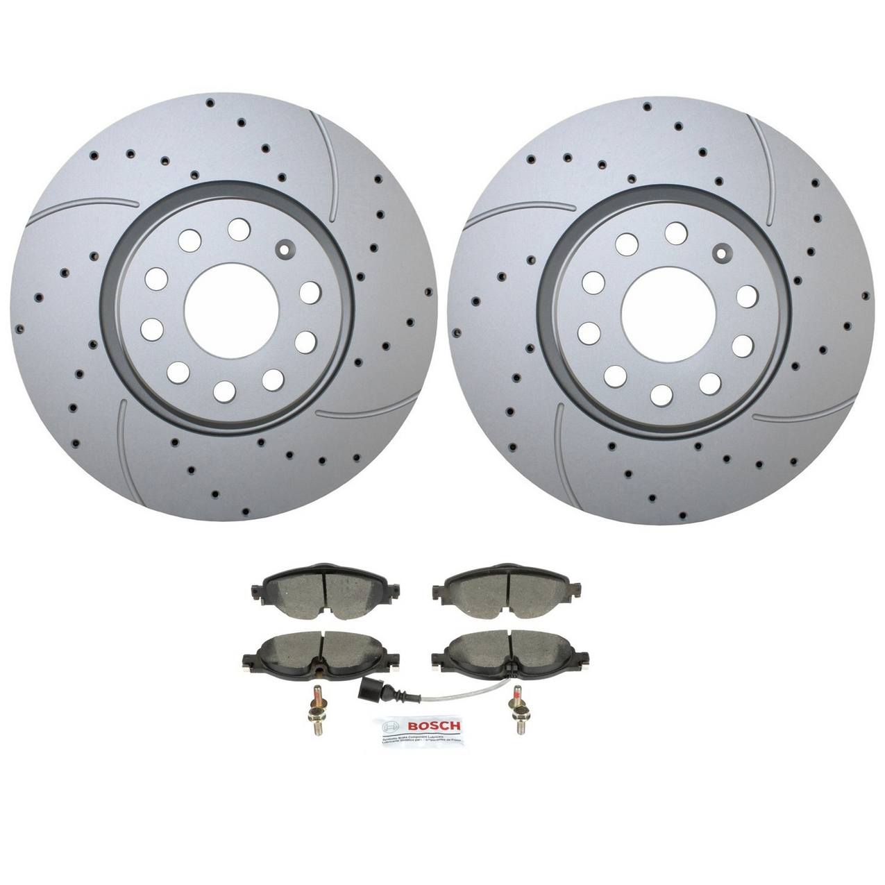 Audi Volkswagen Disc Brake Pad and Rotor Kit – Front (312mm) (Drilled) (Ceramic) – Bosch QuietCast 5Q0615301F