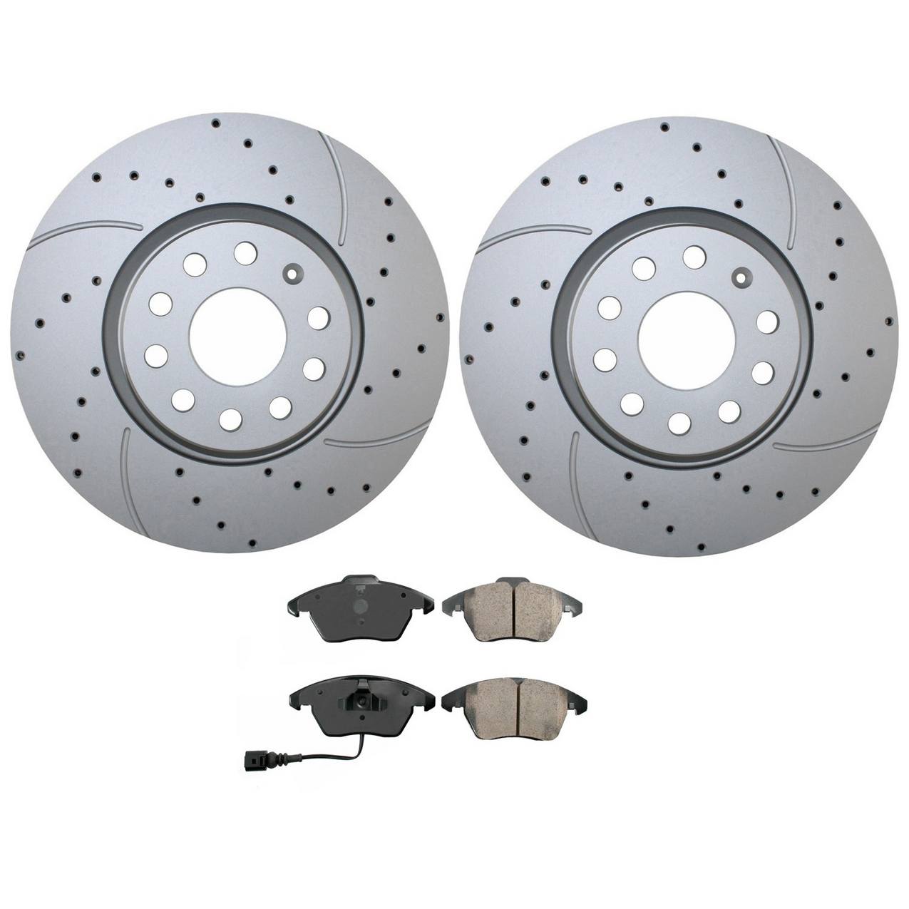 Audi Volkswagen Disc Brake Pad and Rotor Kit – Front (312mm) (Drilled) (Ceramic) – Akebono EURO 5Q0615301F