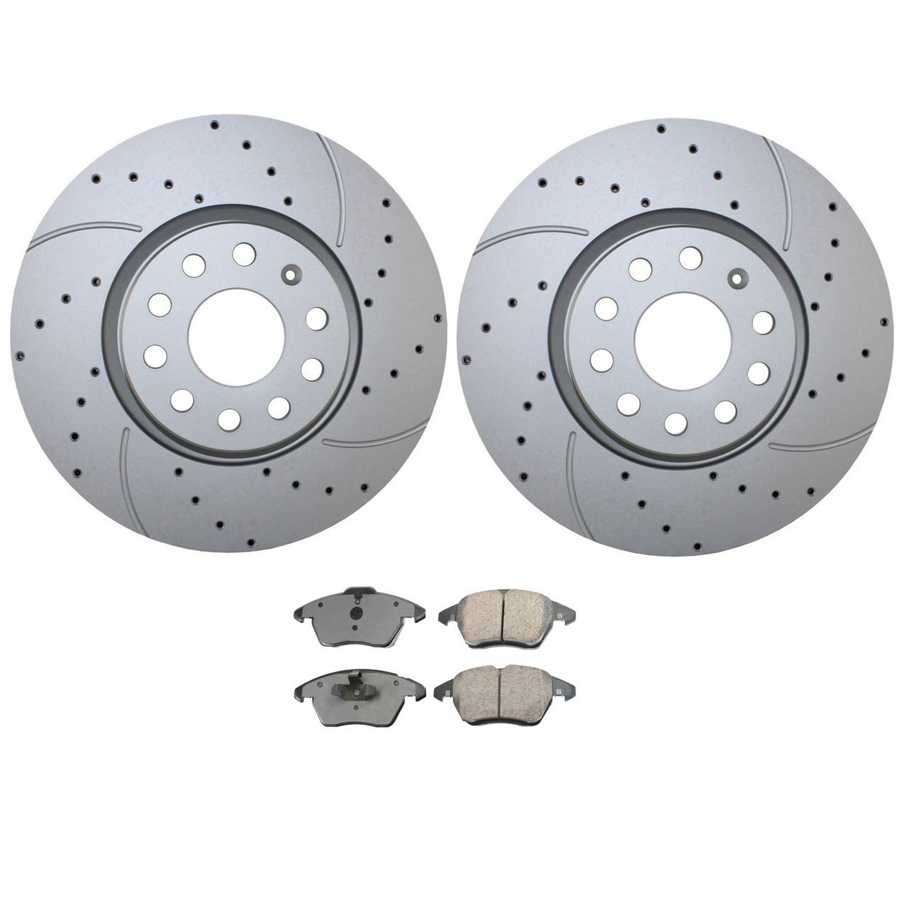 Volkswagen Disc Brake Pad and Rotor Kit – Front (312mm) (Drilled) (Ceramic) – Akebono EURO 5Q0615301F