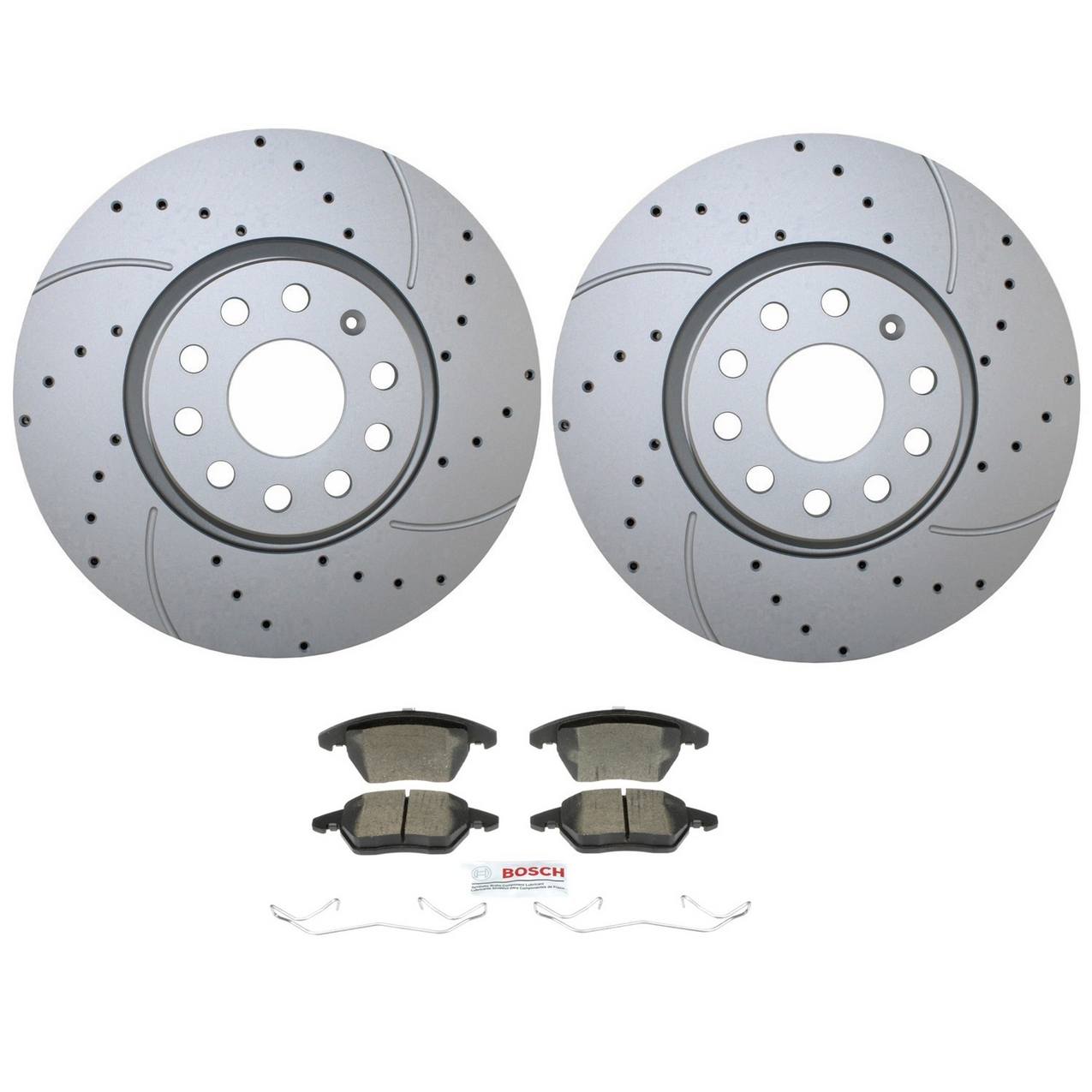 Volkswagen Disc Brake Pad and Rotor Kit – Front (312mm) (Drilled) (Ceramic) – Bosch QuietCast 5Q0615301F