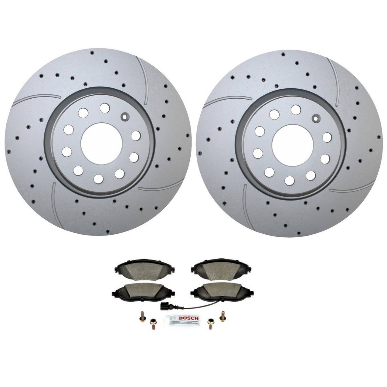 Volkswagen Disc Brake Pad and Rotor Kit – Front (312mm) (Drilled) (Ceramic) – Bosch QuietCast 5Q0615301F