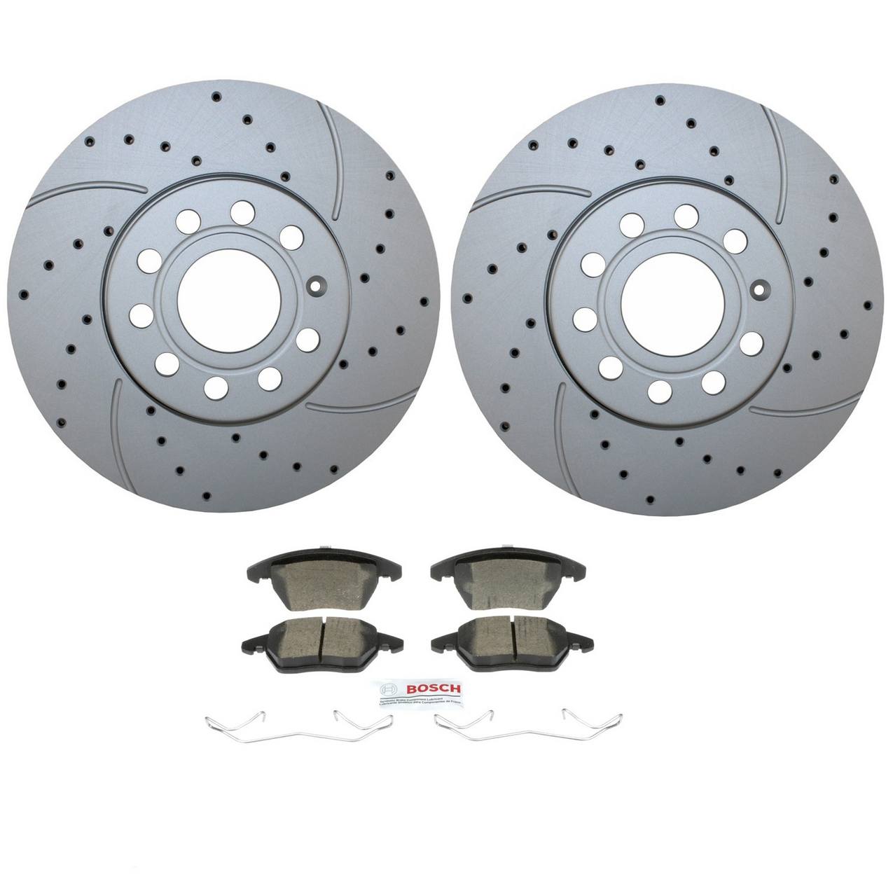 Volkswagen Disc Brake Pad and Rotor Kit – Front (288mm) (Drilled) (Ceramic) – Bosch QuietCast 5Q0615301H