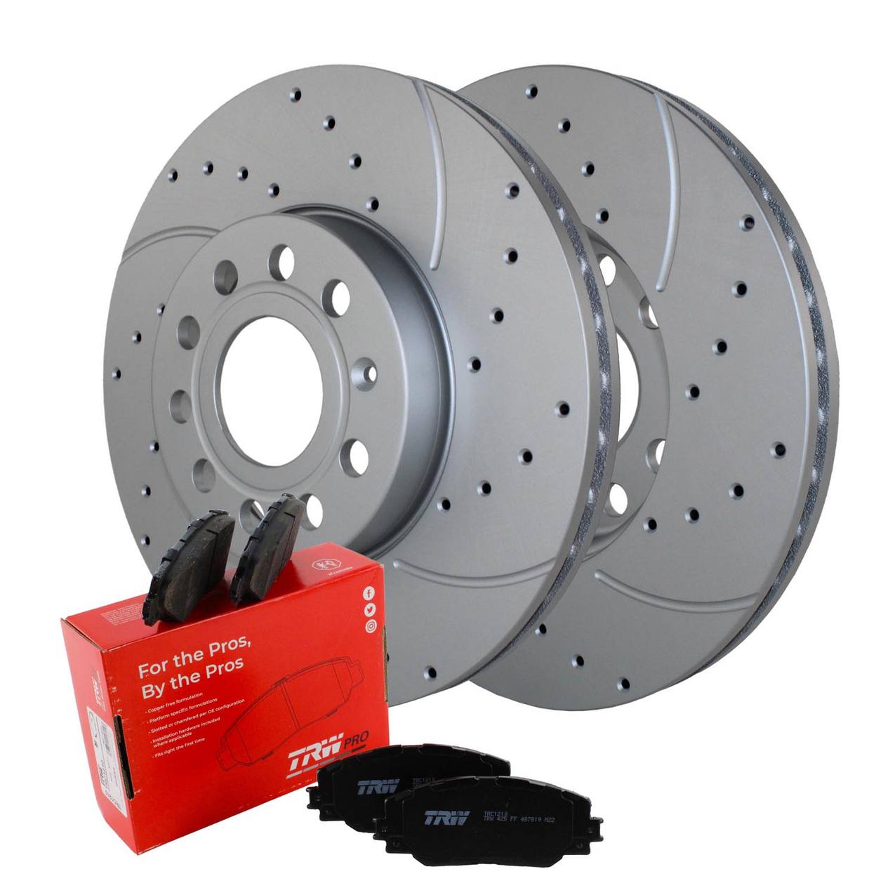 Audi Volkswagen Disc Brake Pad and Rotor Kit – Front (288mm) (Drilled) (Low-Metallic) – TRW Pro 5Q0615301H