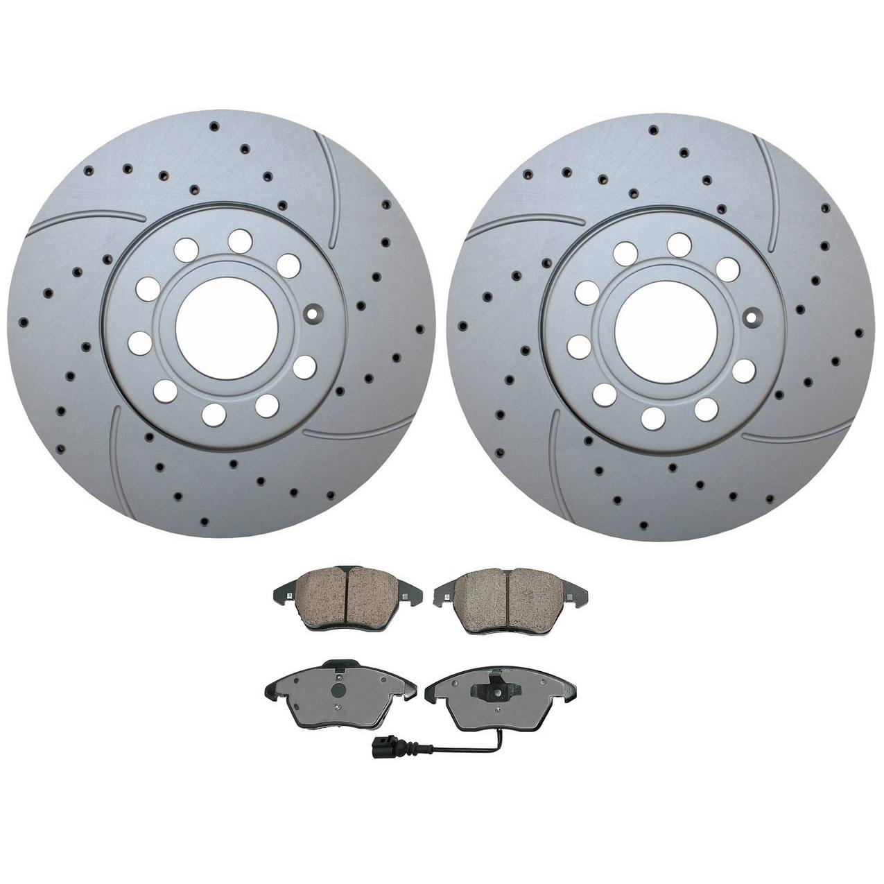 Audi Volkswagen Disc Brake Pad and Rotor Kit – Front (288mm) (Drilled) (Ceramic) – Akebono EURO 5Q0615301H