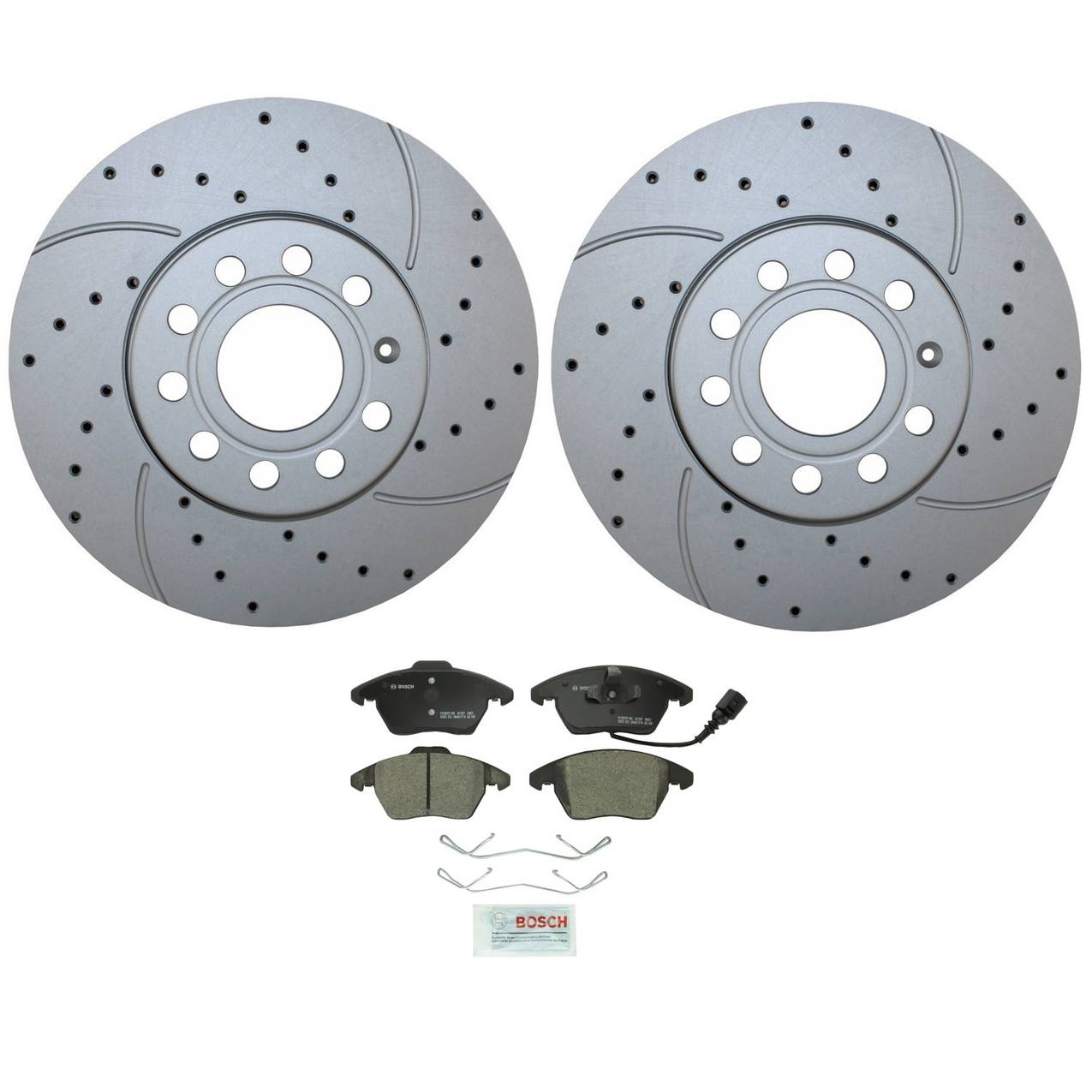 Audi Volkswagen Disc Brake Pad and Rotor Kit – Front (288mm) (Drilled) (Ceramic) – Bosch QuietCast 5Q0615301H