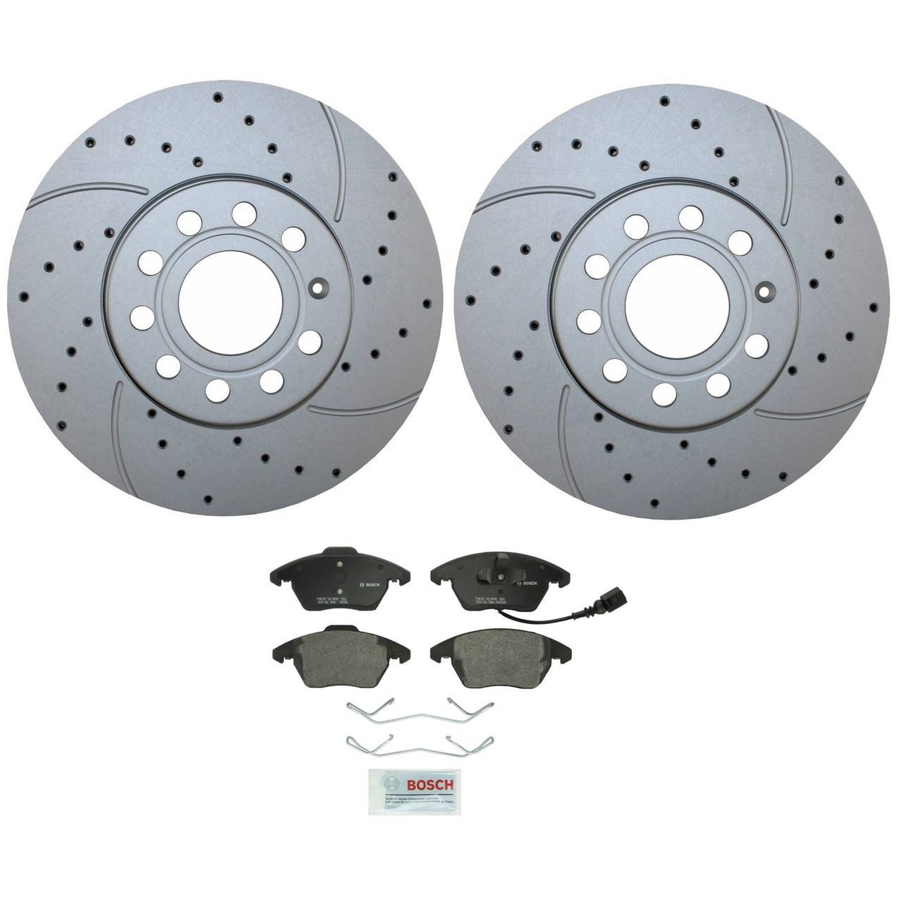 Audi Volkswagen Disc Brake Pad and Rotor Kit – Front (288mm) (Drilled) (Semi-Metallic) – Bosch QuietCast 5Q0615301H