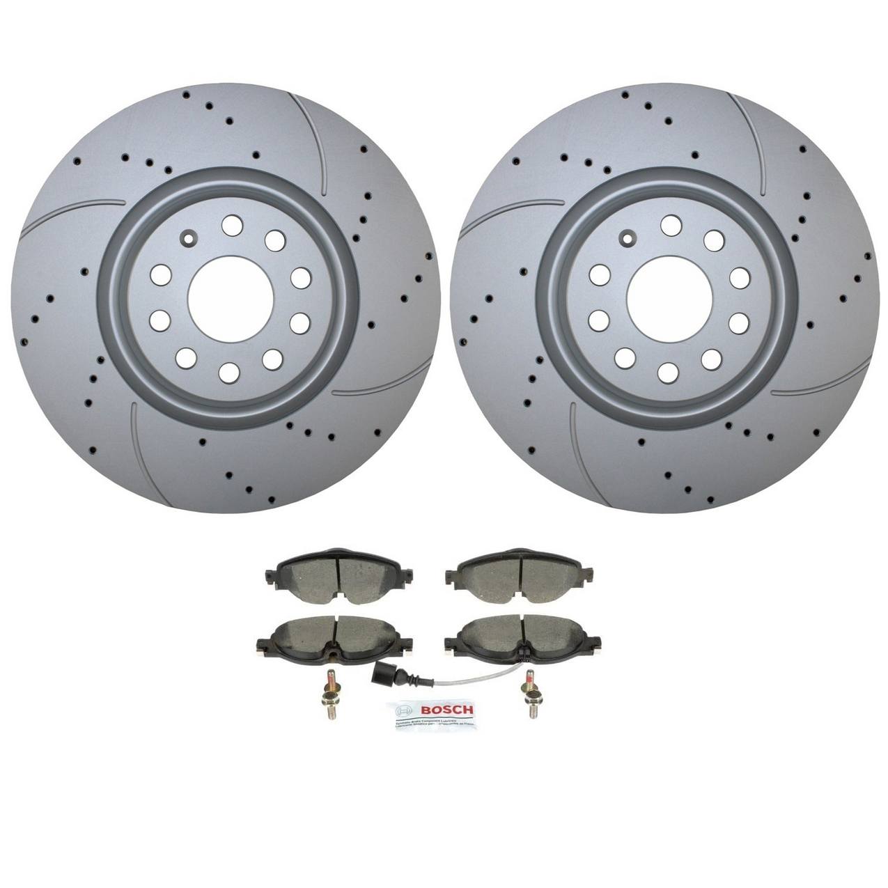 Volkswagen Disc Brake Pad and Rotor Kit – Front (340mm) (Drilled) (Ceramic) – Bosch QuietCast 8S0615301D