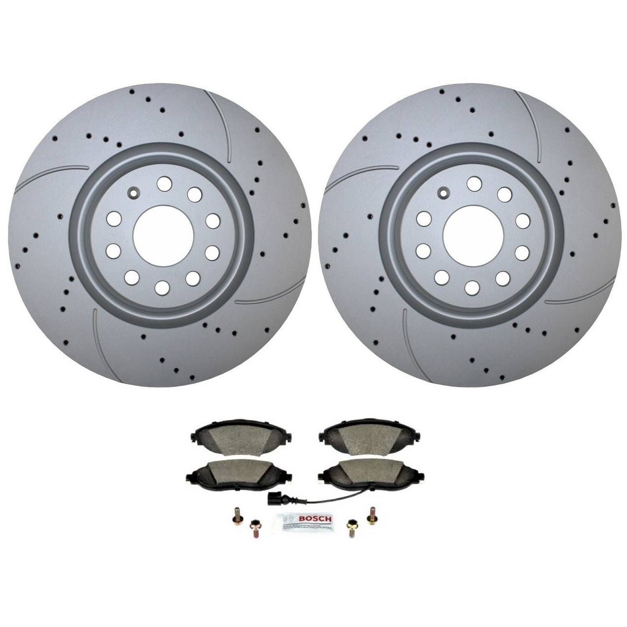 Audi Volkswagen Disc Brake Pad and Rotor Kit – Front (340mm) (Drilled) (Ceramic) – Bosch QuietCast 8S0615301D