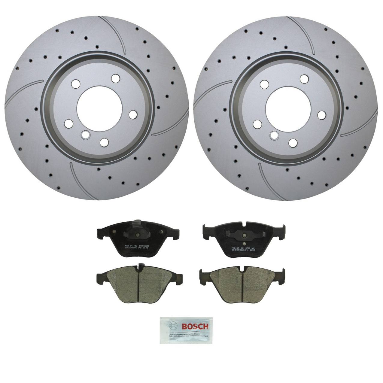 BMW Disc Brake Pad and Rotor Kit – Front (348mm) (Drilled) (Ceramic) – Bosch QuietCast 34116855000