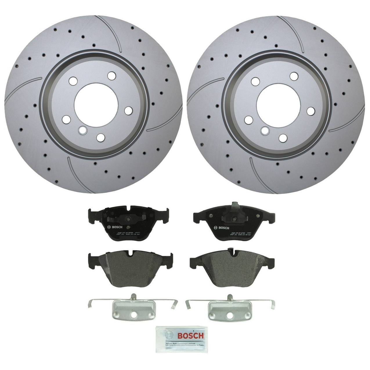 BMW Disc Brake Pad and Rotor Kit – Front (348mm) (Drilled) (Semi-Metallic) – Bosch QuietCast 34116855000