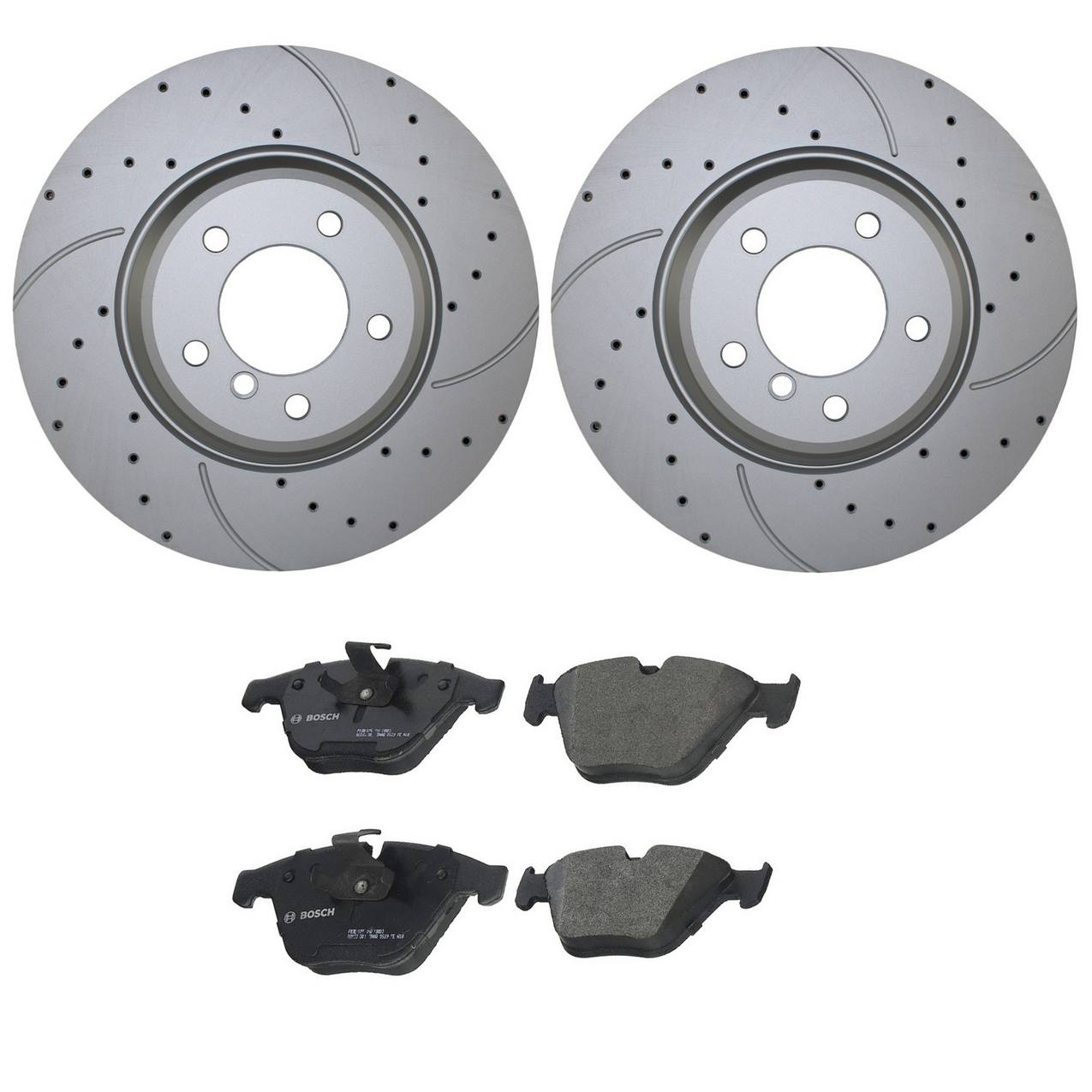 BMW Disc Brake Pad and Rotor Kit – Front (348mm) (Drilled) (Semi-Metallic) – Bosch QuietCast 34116855000