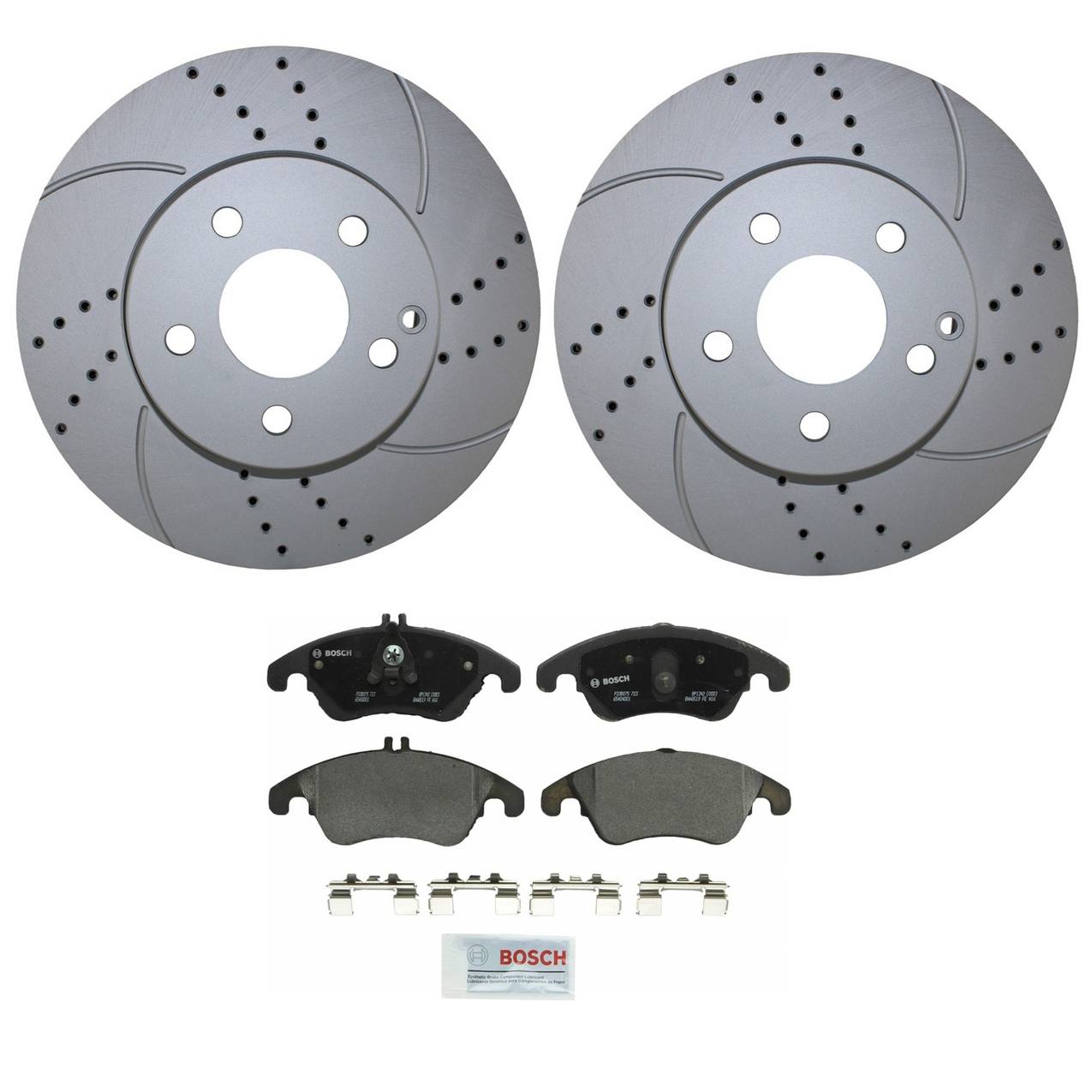 Mercedes-Benz Disc Brake Pad and Rotor Kit – Front (295mm) (Drilled) (Semi-Metallic) – Bosch QuietCast 2124211312