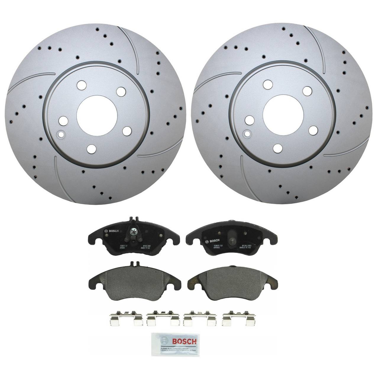 Mercedes-Benz Disc Brake Pad and Rotor Kit – Front (322mm) (Drilled) (Semi-Metallic) – Bosch QuietCast 2044210812