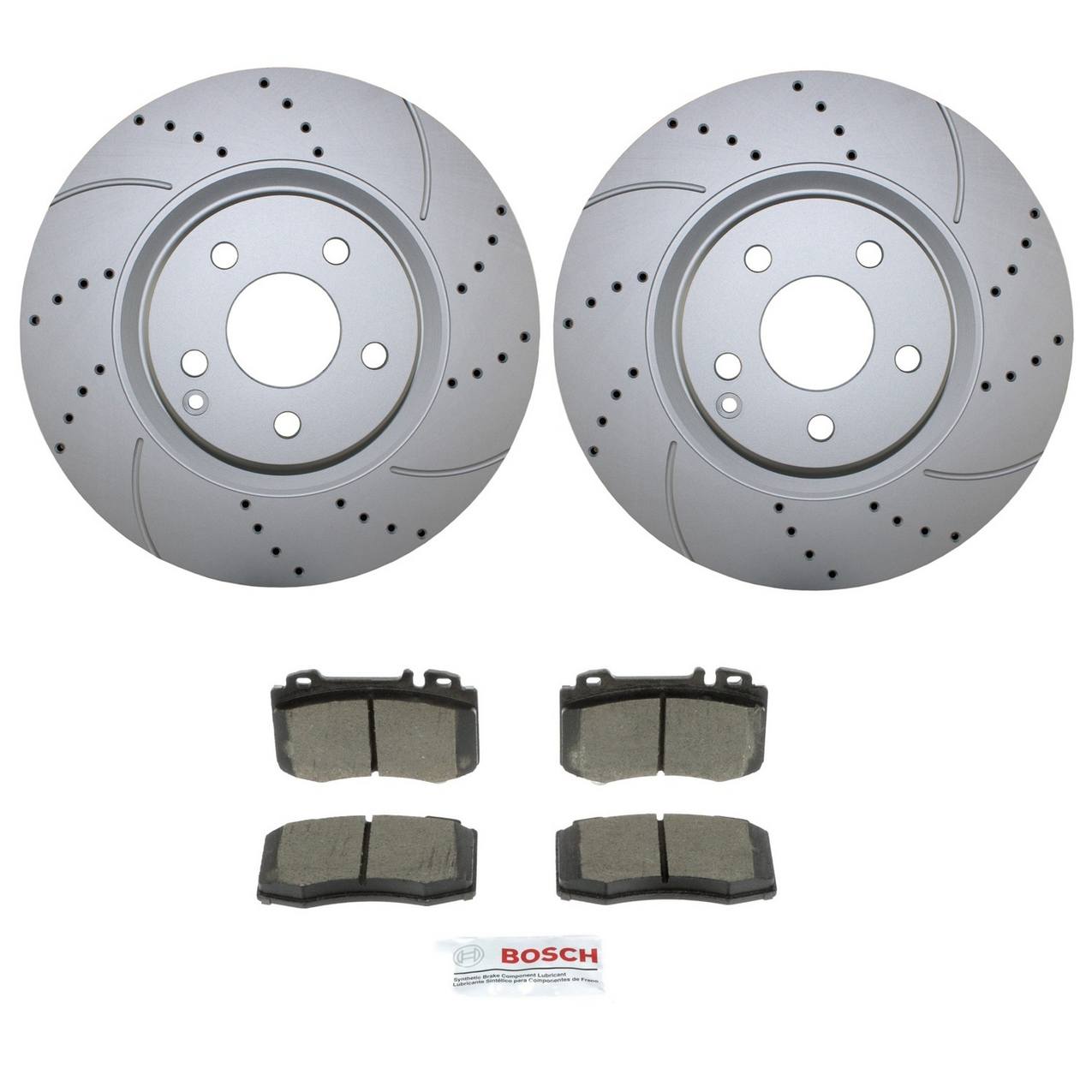 Mercedes-Benz Disc Brake Pad and Rotor Kit – Front (330mm) (Drilled) (Ceramic) – Bosch QuietCast 2114211412