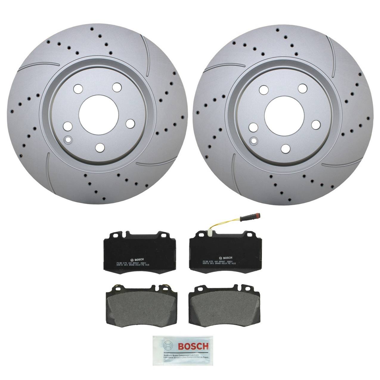 Mercedes-Benz Disc Brake Pad and Rotor Kit – Front (330mm) (Drilled) (Semi-Metallic) – Bosch QuietCast 2114211412