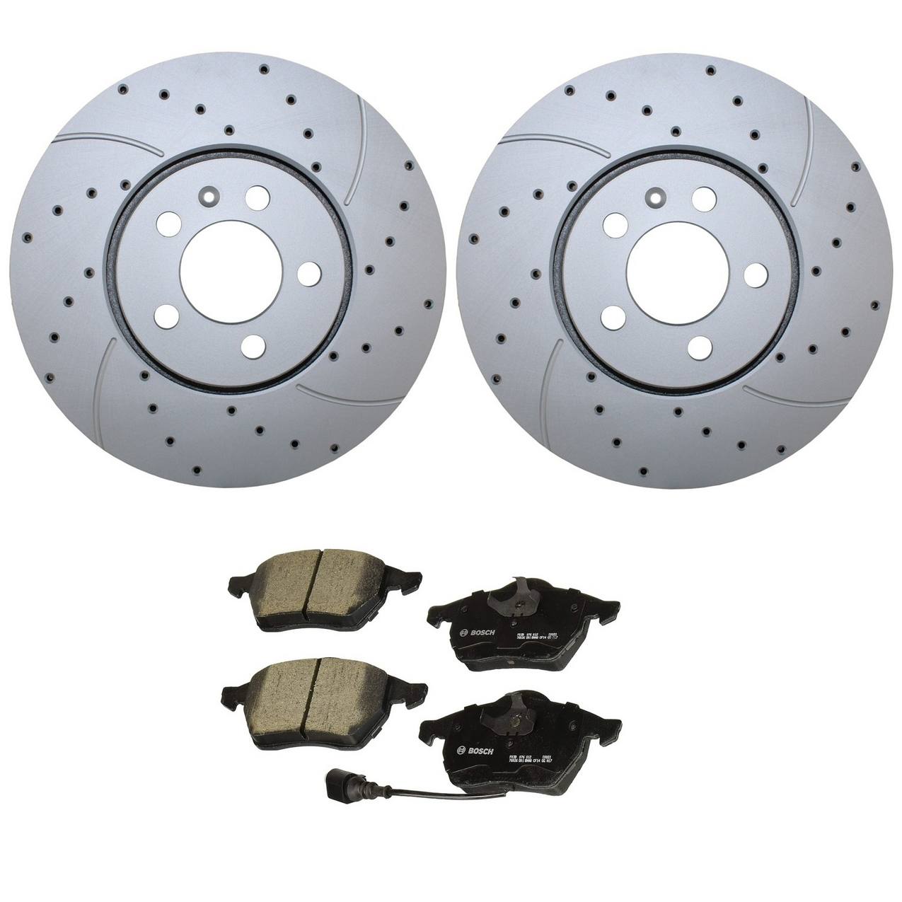 Volkswagen Disc Brake Pad and Rotor Kit – Front (288mm) (Drilled) (Ceramic) – Bosch QuietCast 6R0615301D