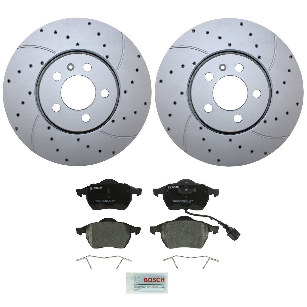 Volkswagen Disc Brake Pad and Rotor Kit – Front (288mm) (Drilled) (Semi-Metallic) – Bosch QuietCast 6R0615301D