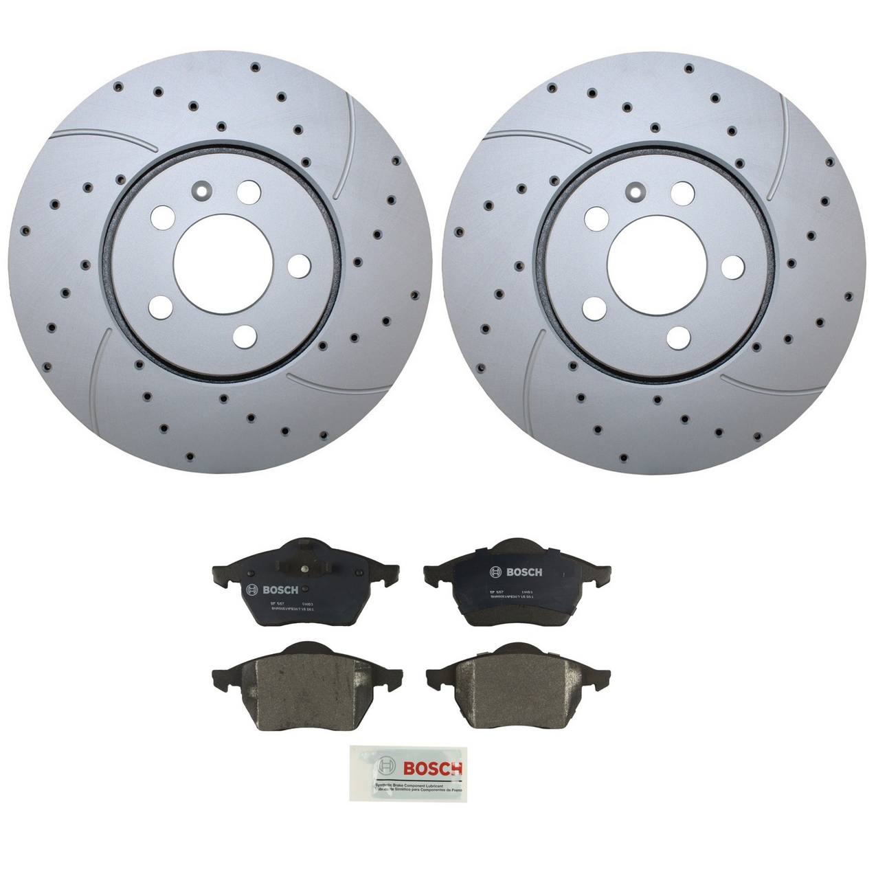 Volkswagen Disc Brake Pad and Rotor Kit – Front (288mm) (Drilled) (Semi-Metallic) – Bosch QuietCast 6R0615301D