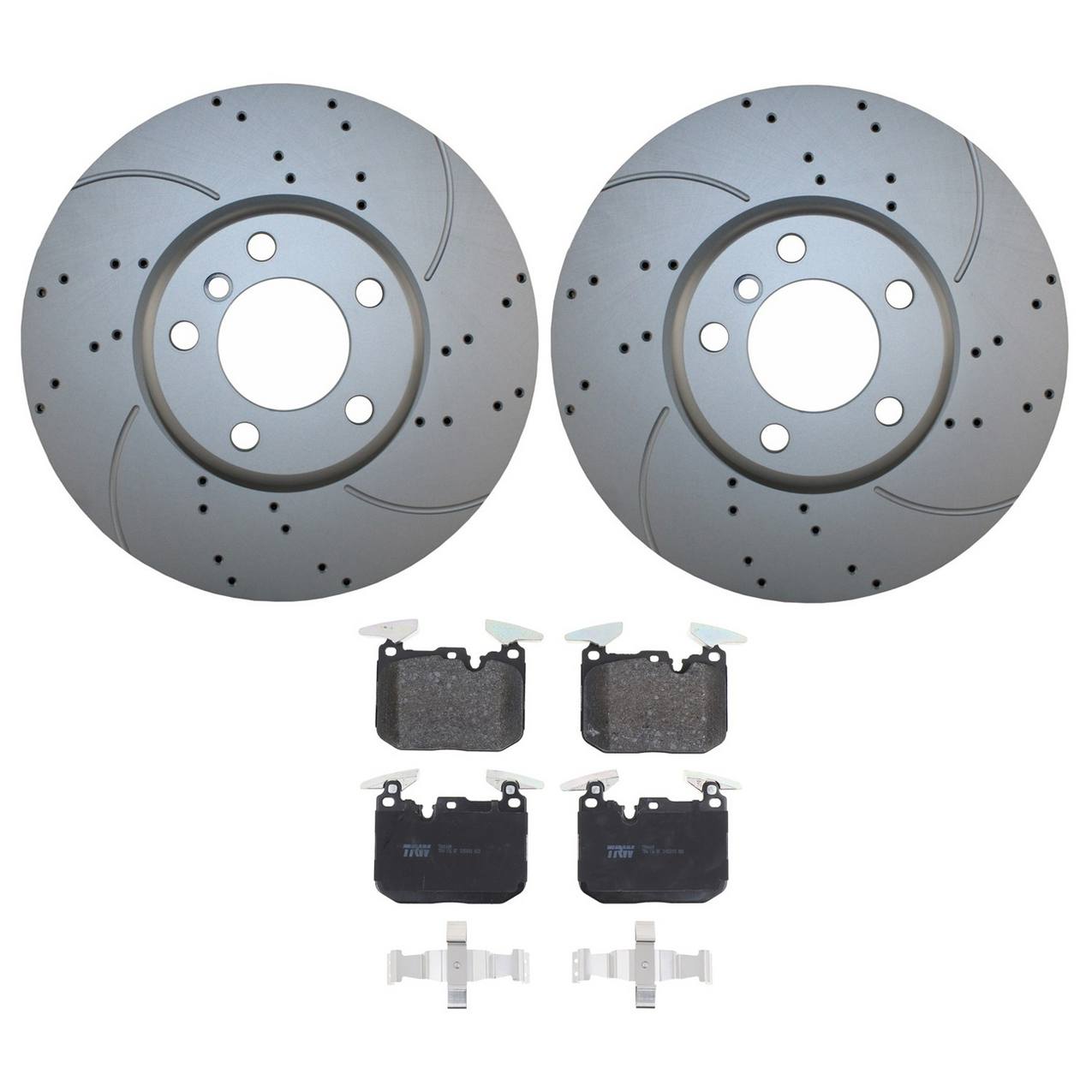 BMW Disc Brake Pad and Rotor Kit – Front (340mm) (Drilled) (Low-Metallic) – TRW Pro 34116792223