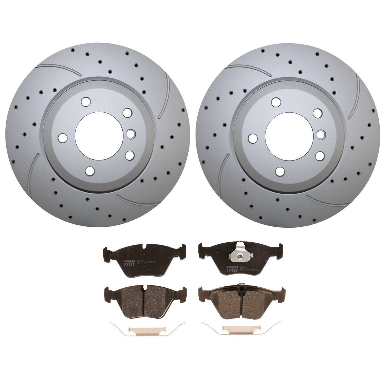 BMW Disc Brake Pad and Rotor Kit – Front (325mm) (Drilled) (Low-Metallic) – TRW Pro 34116864047