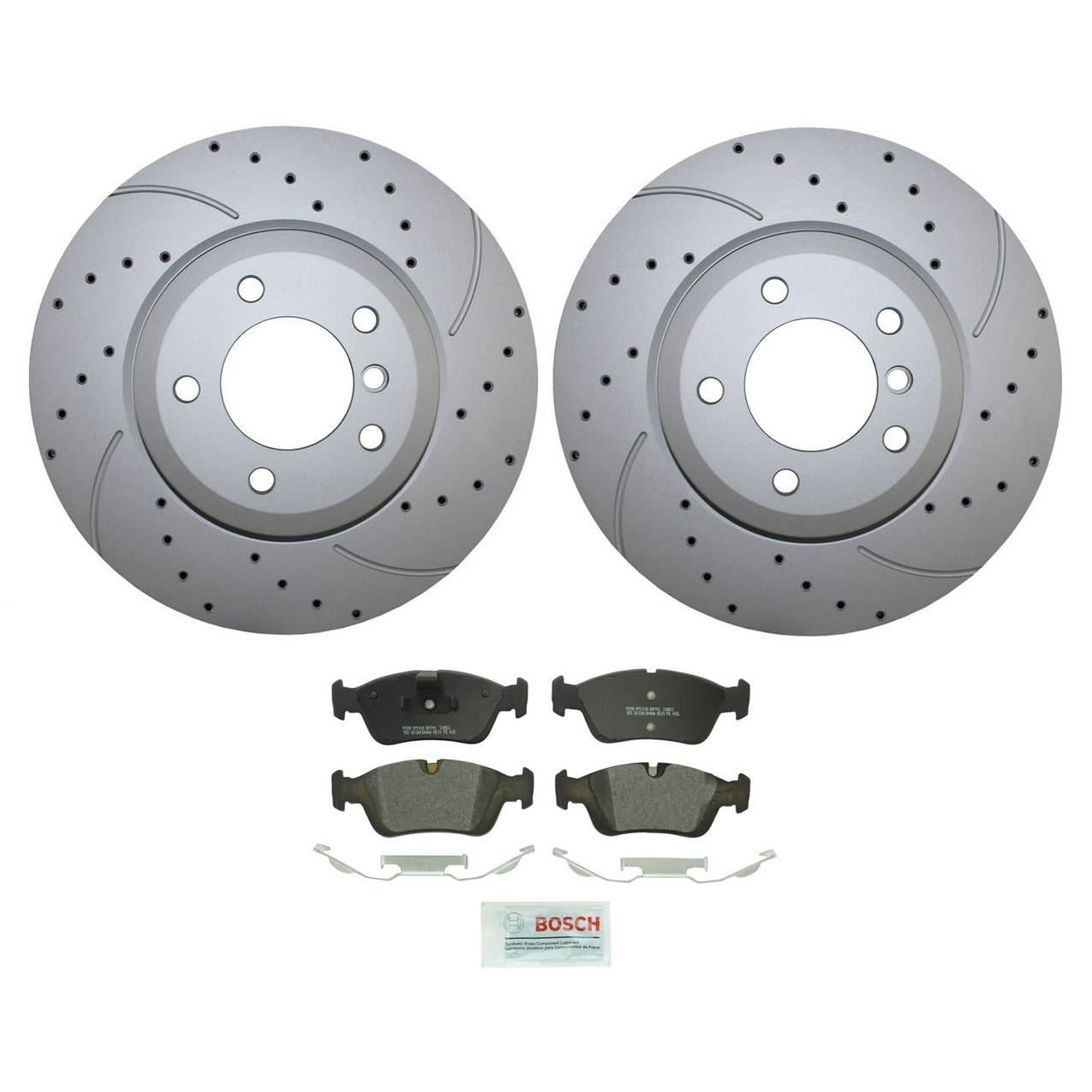 BMW Disc Brake Pad and Rotor Kit – Front (325mm) (Drilled) (Semi-Metallic) – Bosch QuietCast 34116864047