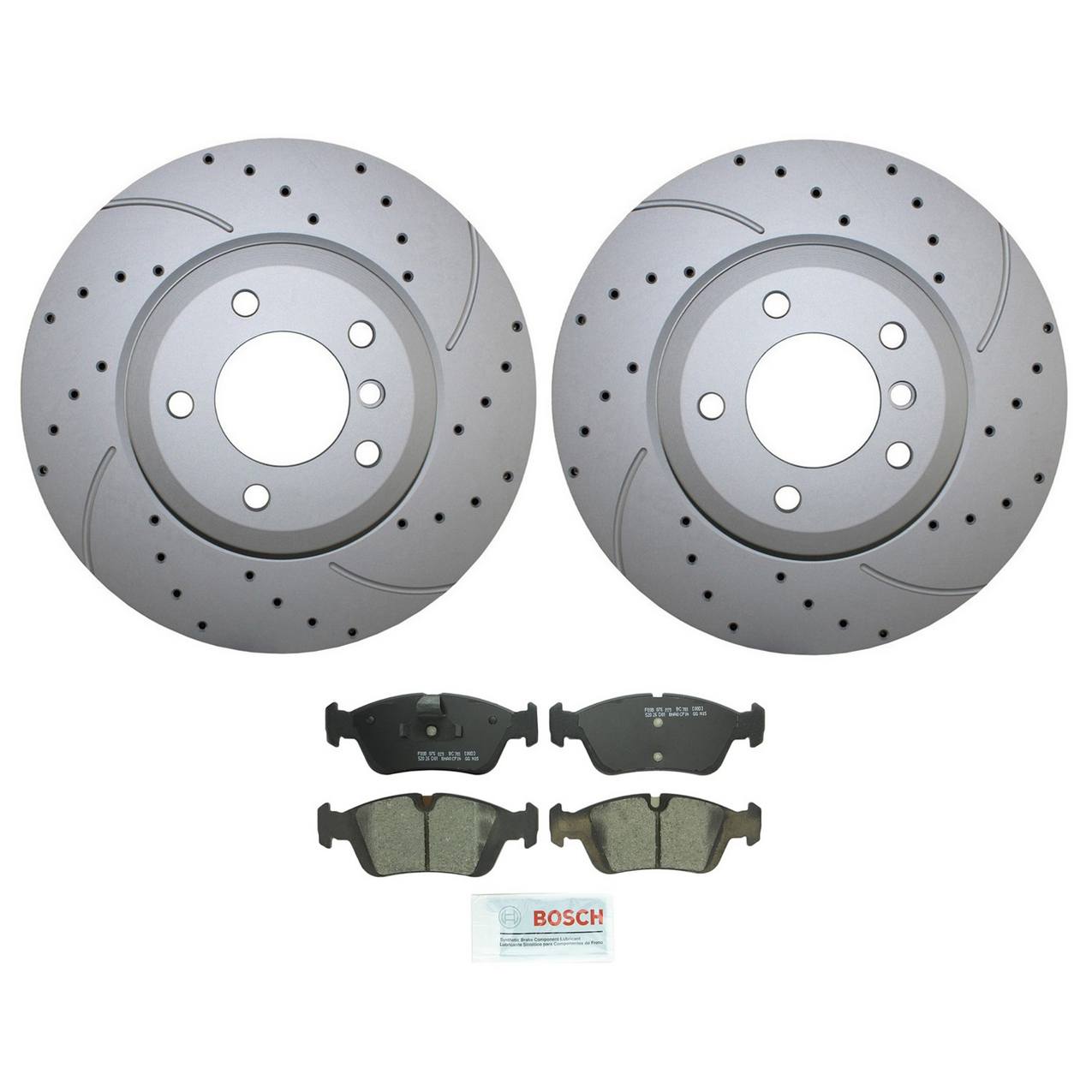 BMW Disc Brake Pad and Rotor Kit – Front (325mm) (Drilled) (Ceramic) – Bosch QuietCast 34116864047