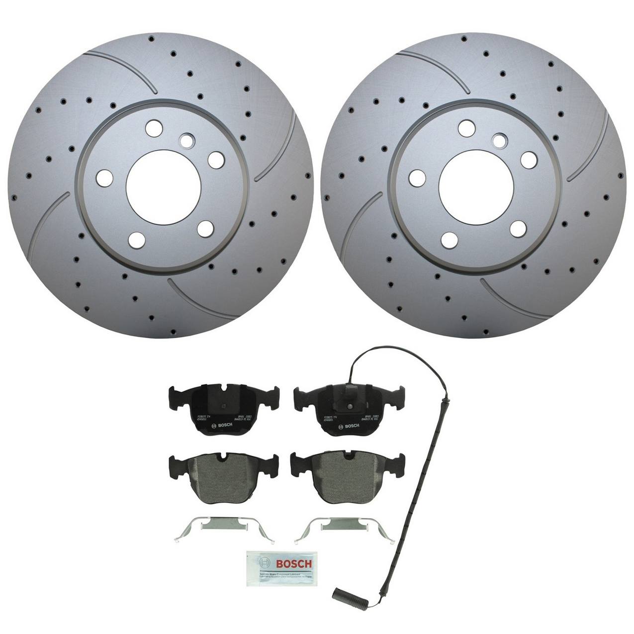 BMW Disc Brake Pad and Rotor Kit – Front (288mm) (Drilled) (Semi-Metallic) – Bosch QuietCast 34116794304