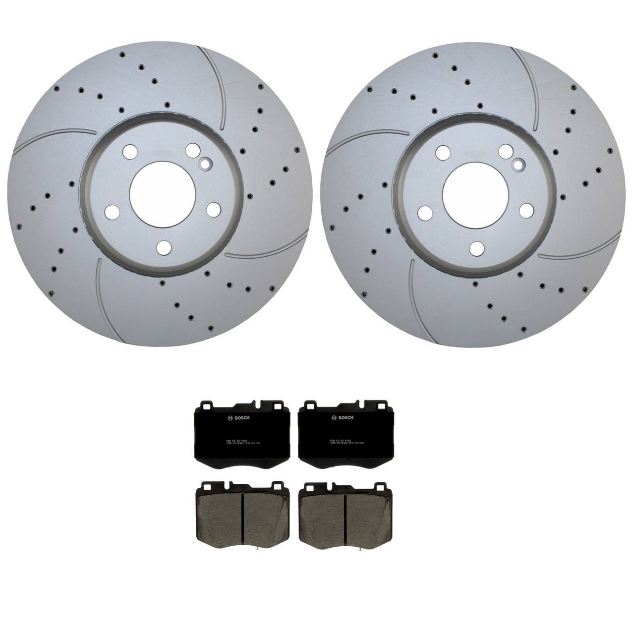 Mercedes-Benz Disc Brake Pad and Rotor Kit – Front (342mm) (Drilled) (Ceramic) – Bosch QuietCast 0004212212