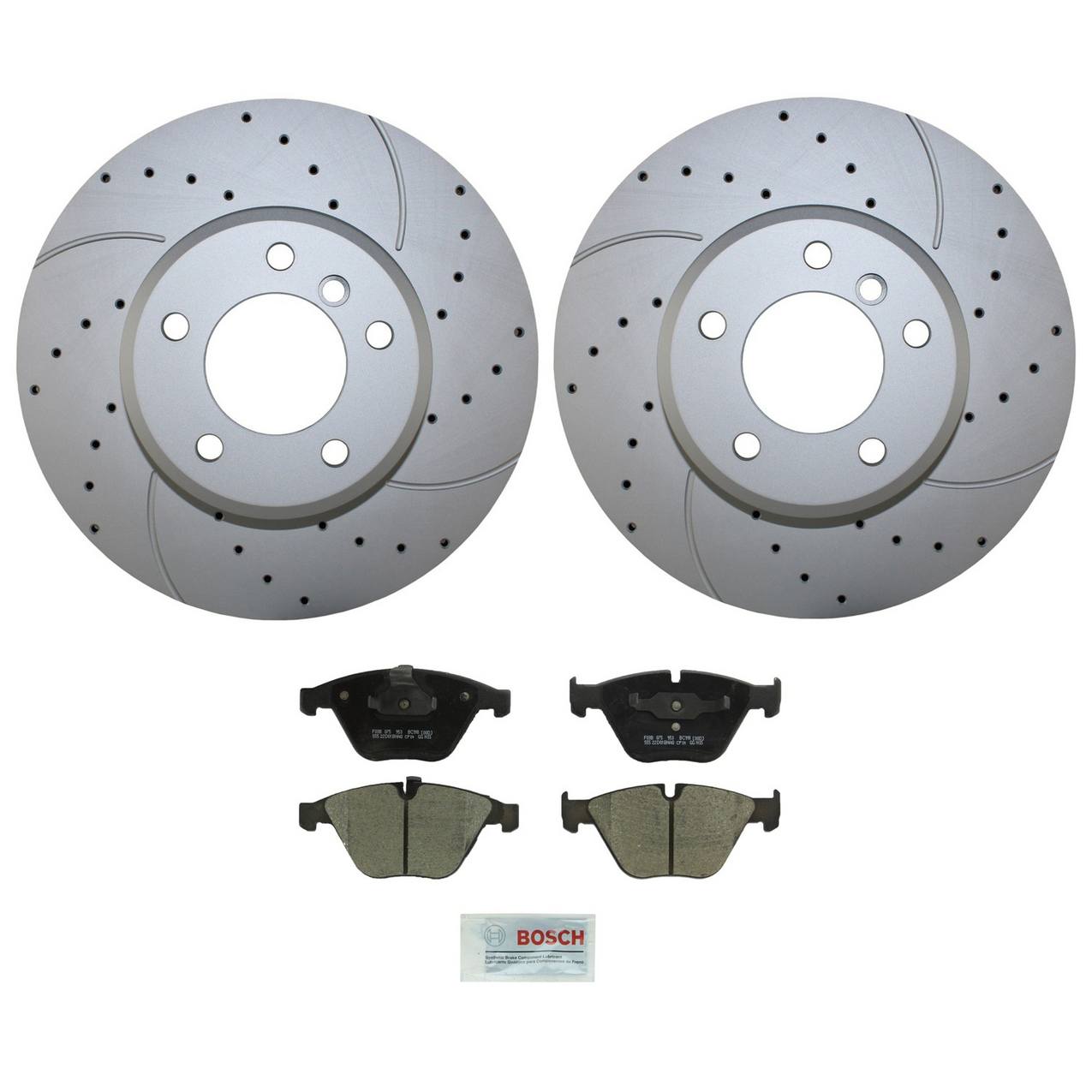 BMW Disc Brake Pad and Rotor Kit – Front (324mm) (Drilled) (Ceramic) – Bosch QuietCast 34116864906