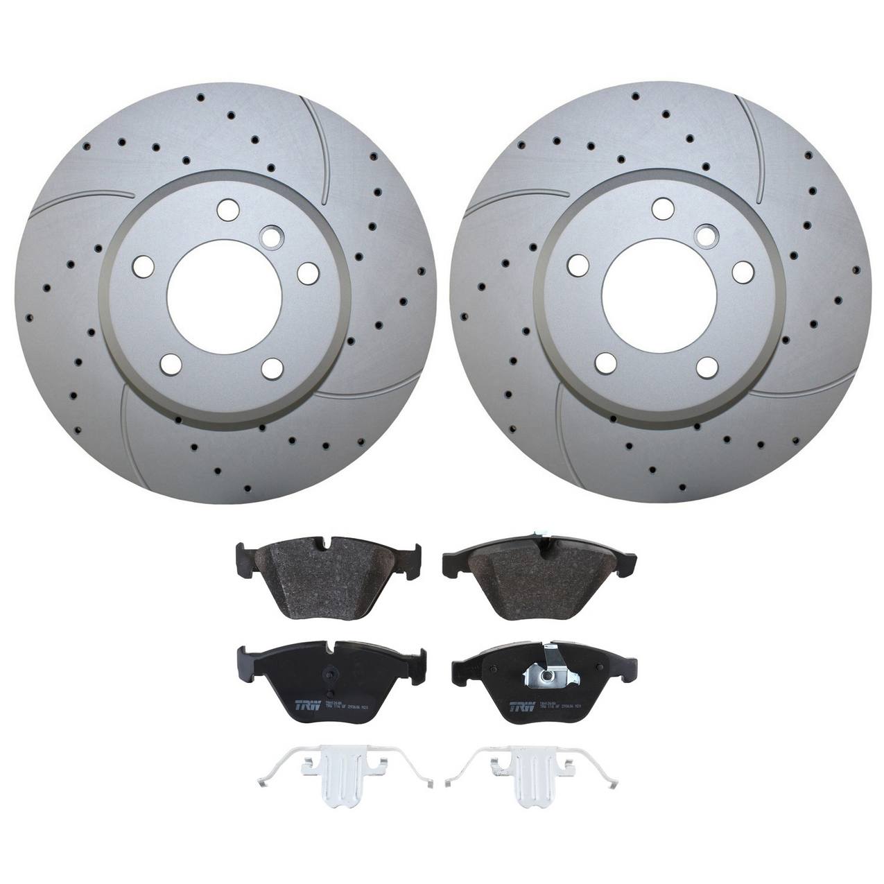 BMW Disc Brake Pad and Rotor Kit – Front (324mm) (Drilled) (Low-Metallic) – TRW Pro 34116864906