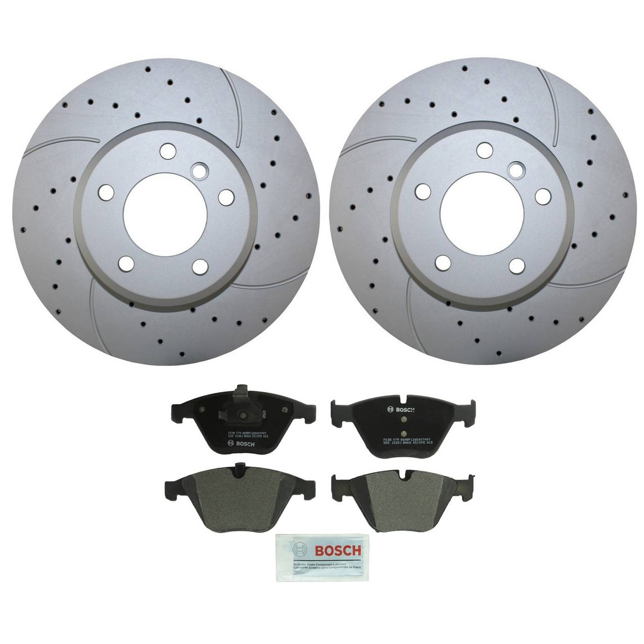 BMW Disc Brake Pad and Rotor Kit – Front (324mm) (Drilled) (Semi-Metallic) – Bosch QuietCast 34116864906