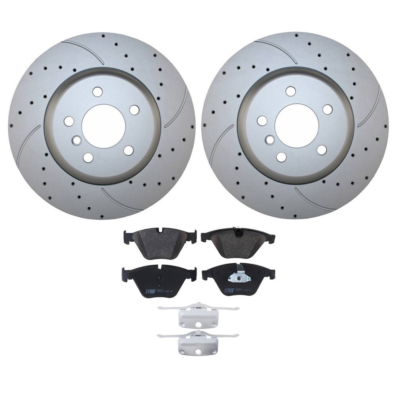 BMW Disc Brake Pad and Rotor Kit – Front (348mm) (Drilled) (Low-Metallic) – TRW Pro 34116775277