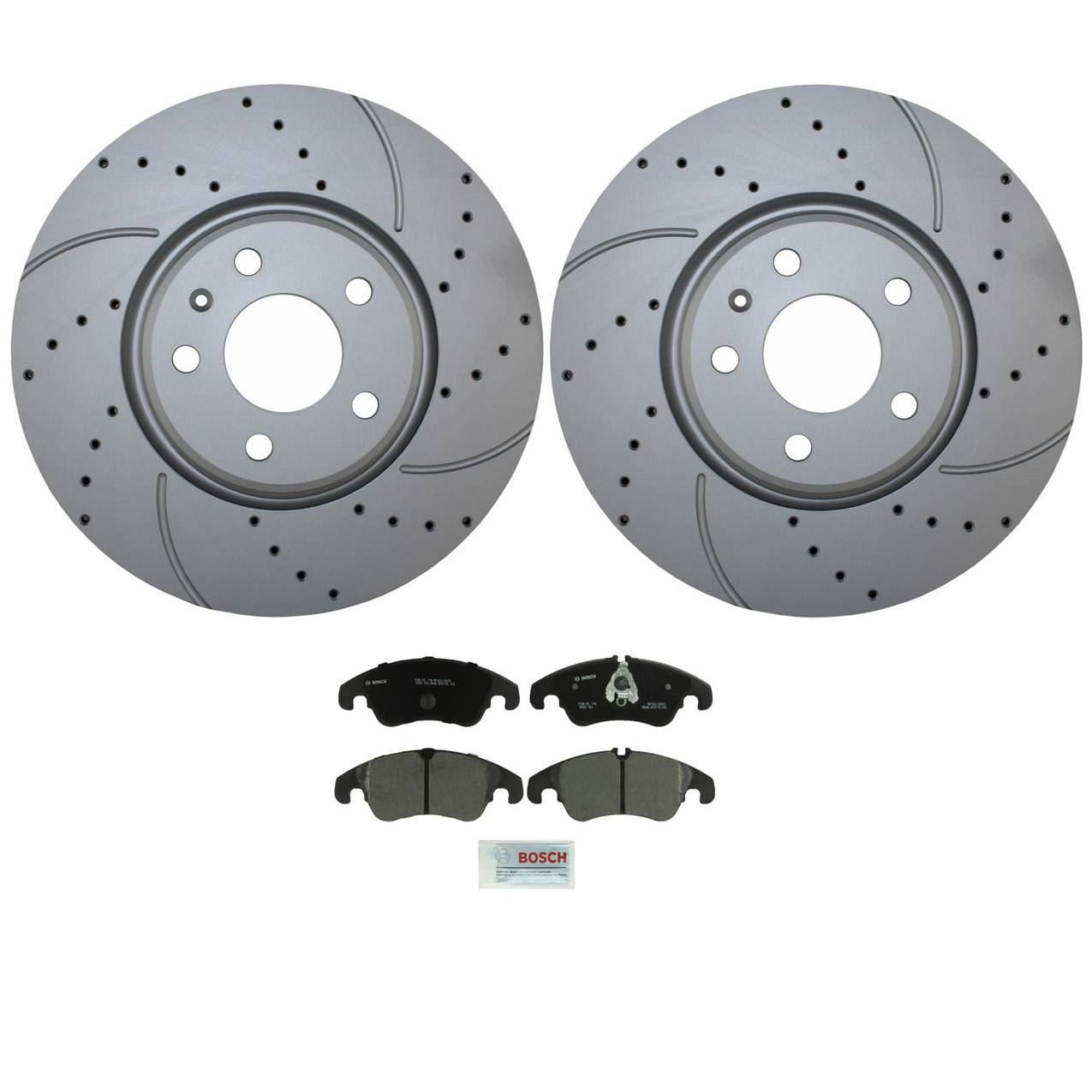 Audi Disc Brake Pad and Rotor Kit – Front (320mm) (Drilled) (Semi-Metallic) – Bosch QuietCast 8R0615301F