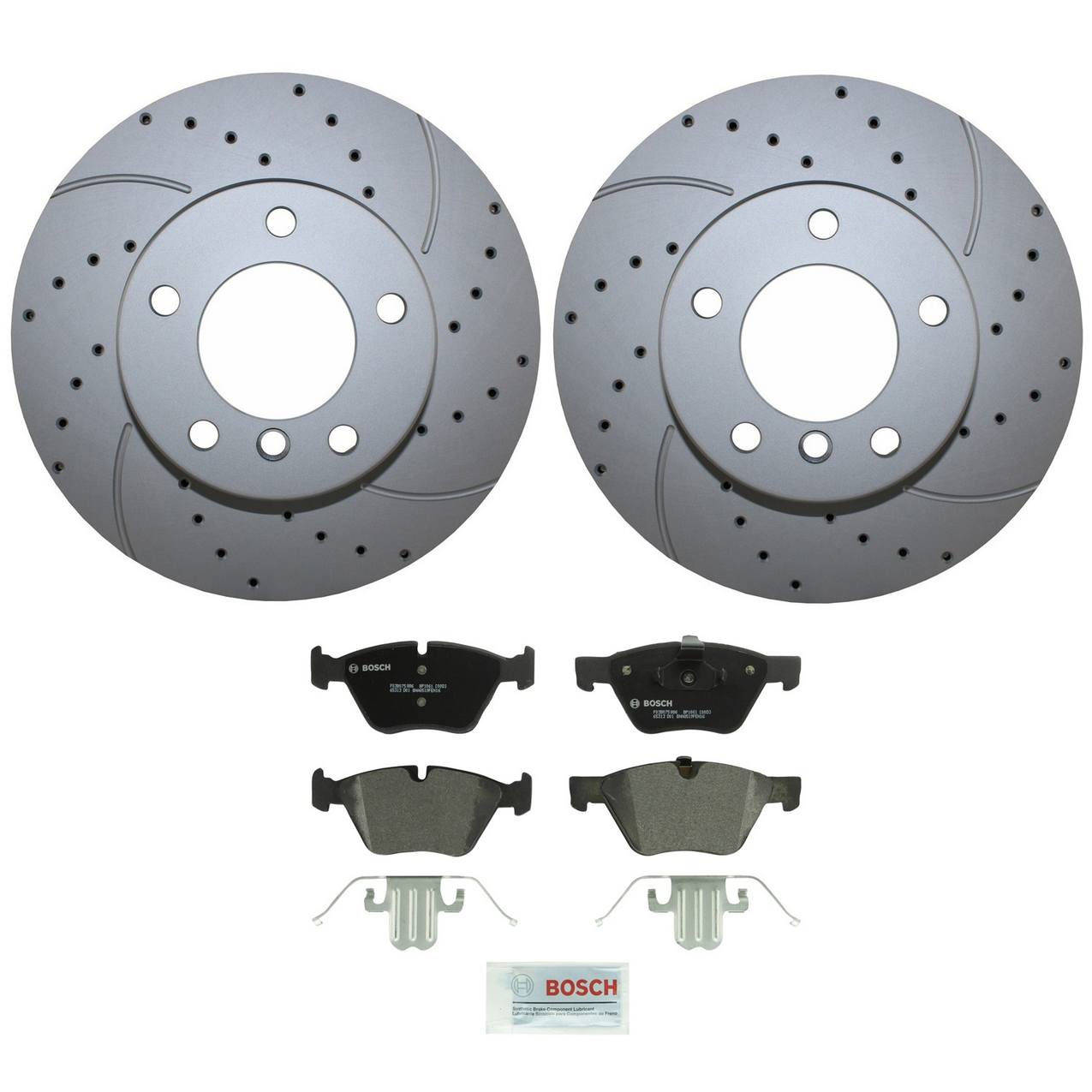 BMW Disc Brake Pad and Rotor Kit – Front (300mm) (Drilled) (Semi-Metallic) – Bosch QuietCast 34116854998