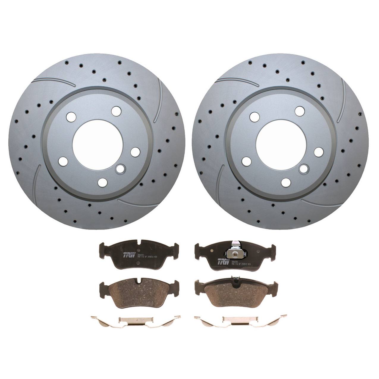 BMW Disc Brake Pad and Rotor Kit – Front (300mm) (Drilled) (Low-Metallic) – TRW Pro 34116864058