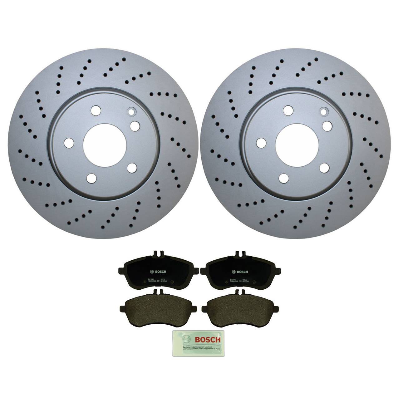 Mercedes-Benz Disc Brake Pad and Rotor Kit – Front (322mm) (Drilled) (Ceramic) – Bosch QuietCast 2044211012