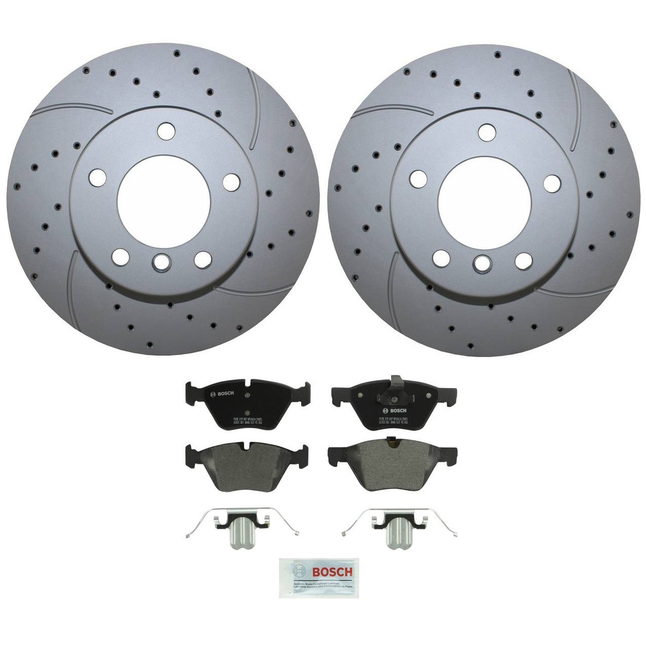 BMW Disc Brake Pad and Rotor Kit – Front (300mm) (Drilled) (Semi-Metallic) – Bosch QuietCast 34116854998